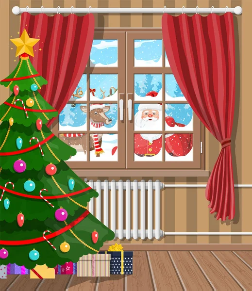 圣诞老人和他的驯鹿在房间的窗户里看. — 图库矢量图片#