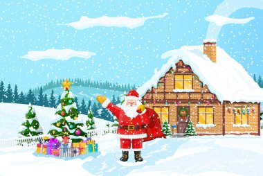 Noel Baba hediye çanta, Noel ağaç evi, kış manzara çam ormanı kar yağışı. Orman ve kar kış manzara köknar ağaçları. Yeni yıl kutlama xmas tatil. Vektör çizim düz stil
