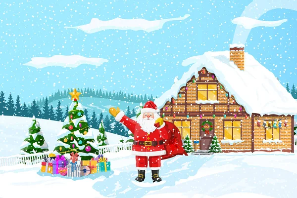 Bolsa Regalo Santa Claus Casa Del Árbol Navidad Nevada Bosque — Vector de stock