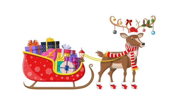 Weihnachtsmann-Schlitten voller Geschenke und sein Rentier. — Stockvektor