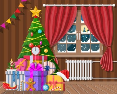 Noel ağacı ve hediyeler ile Oda iç. Mutlu yeni yıl dekorasyon. Neşeli Noel tatili. Yeni yıl ve xmas kutlama. Vektör çizim düz stil