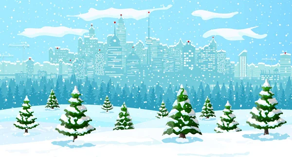 圣诞及冬季城市景观、雪花及树木 — 图库矢量图片