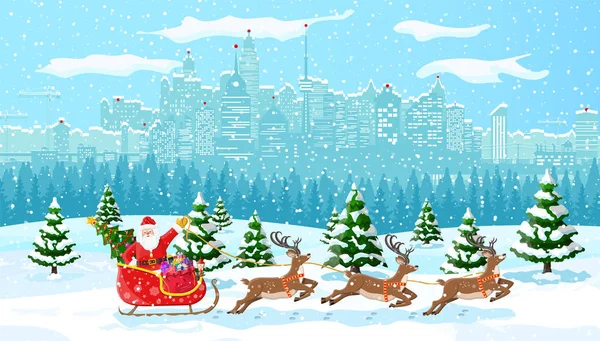 Santa Claus monta trineo de renos — Vector de stock