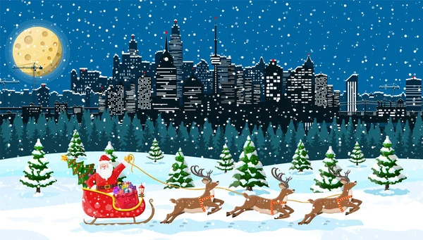 Santa Claus monta trineo de renos — Vector de stock