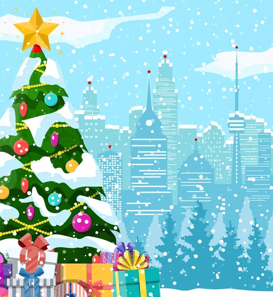 크리스마스 겨울 도시 경관, 눈송이와 나무 — 스톡 벡터