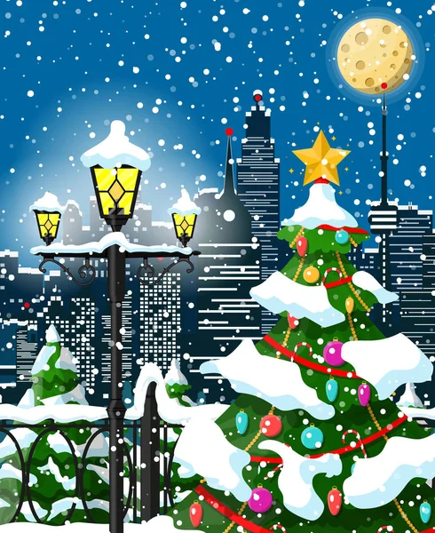クリスマス冬の街の風景、雪の結晶と木 — ストックベクタ