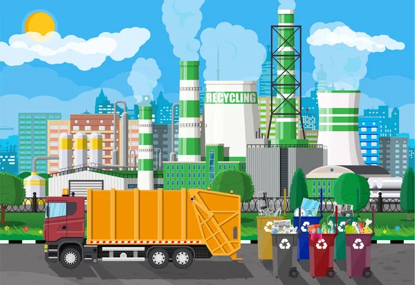Городской пейзаж с мусорным вагоном и заводом — стоковый вектор