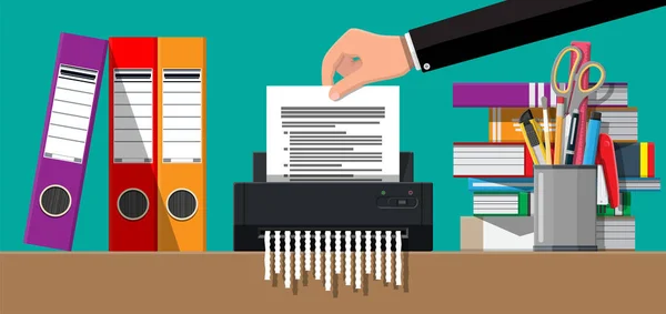 Hand legt Dokumentenpapier in Schreddermaschine. — Stockvektor