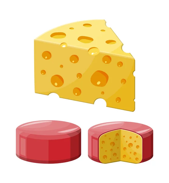 Inteiro e pedaço de queijo isolado em branco . — Vetor de Stock