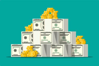 Doları banknot ve altın sikke yığını.