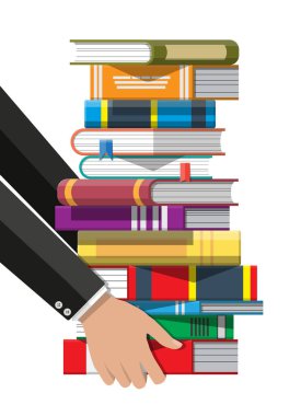 Elinde kitap yığını. Okuma eğitim, e-kitap, edebiyat, ansiklopedi. Düz stil vektör çizim