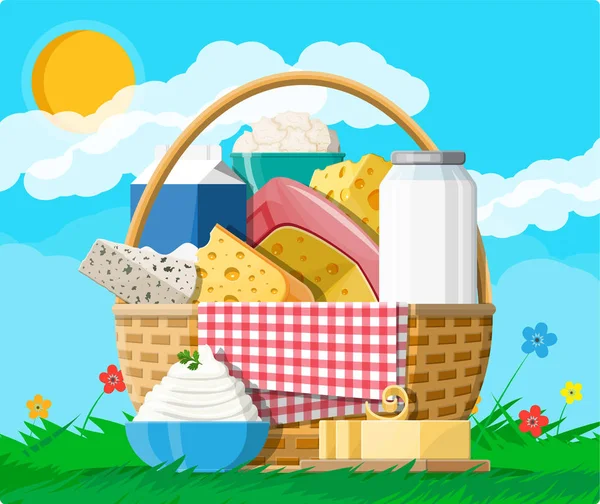 Ensemble de produits laitiers. Collecte des aliments laitiers. — Image vectorielle