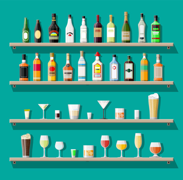 Alcohol drinks collection. Bottles with glasses.