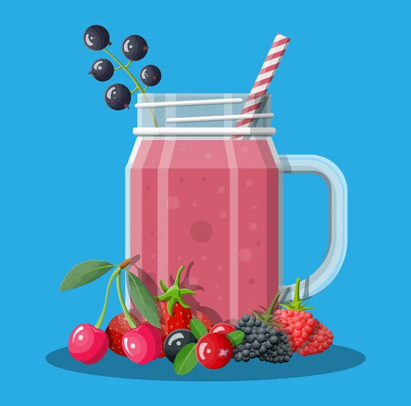 Glas mit gemischten Beeren Smoothie mit gestreiftem Stroh — Stockvektor