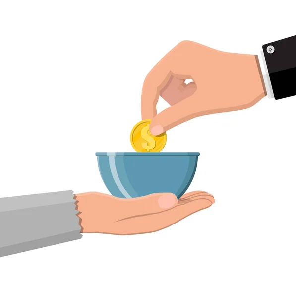 Hand giving gold coin to beggar hand. — Stock Vector