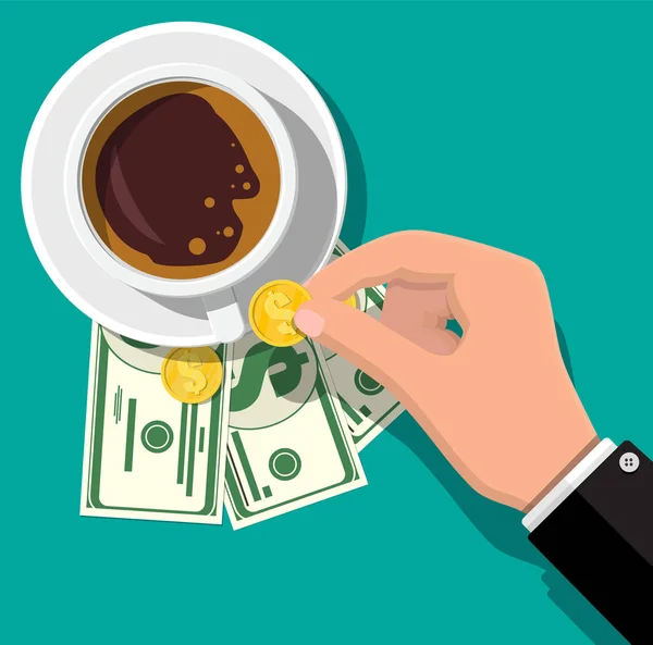 Чашки кави, грошові та монети — стоковий вектор