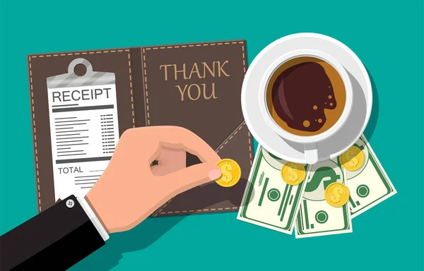 Carpeta con monedas en efectivo, cheque de caja. Taza de café — Vector de stock