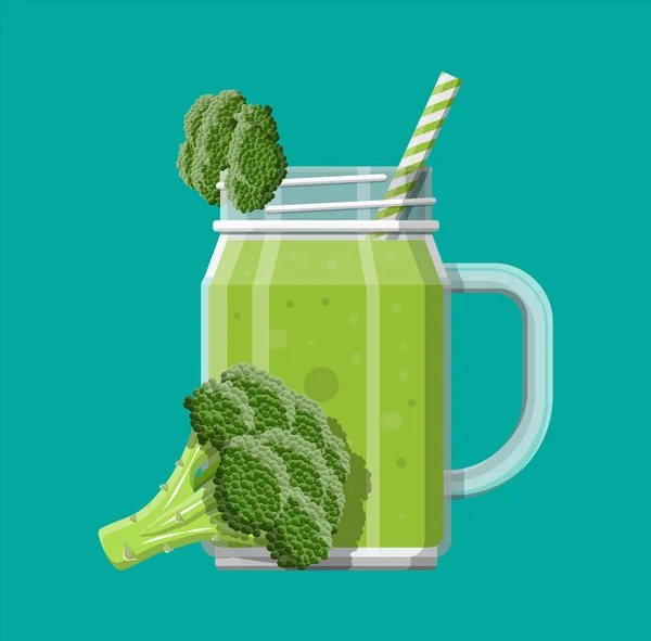 Tarro con batido de brócoli con paja rayada . — Vector de stock