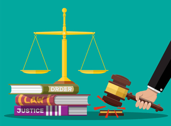 Law code books, justice scales and judge gavel.