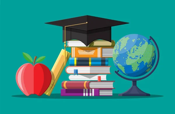 Afstuderen dop op geplakt van boeken, globe en appel. — Stockvector