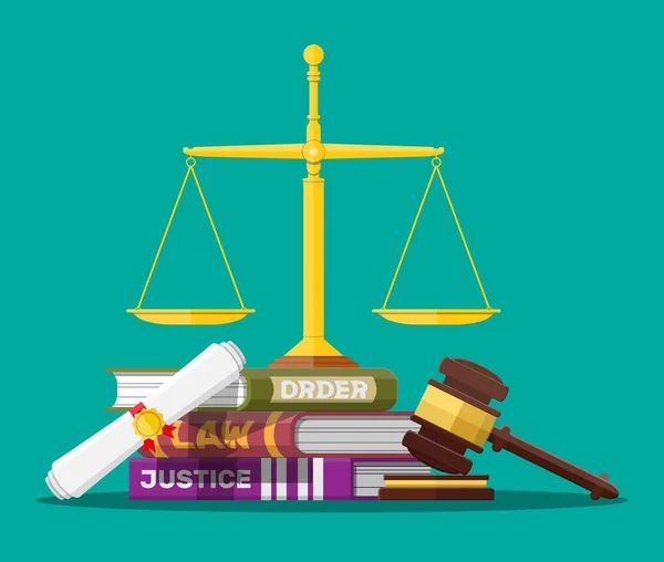 Zákon kód knihy, váhy spravedlnosti a soudce kladívkem. — Stockový vektor