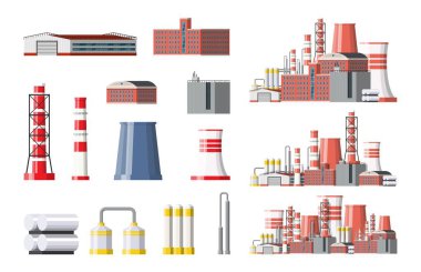 Fabrika Icon set. Endüstriyel fabrika, elektrik santrali.