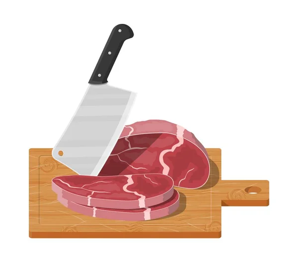 Deska do krojenia, tasak rzeźnika i piace mięsa. — Wektor stockowy