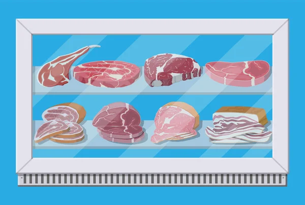 Húsipari termékek a szupermarket hűtőszekrény. — Stock Vector