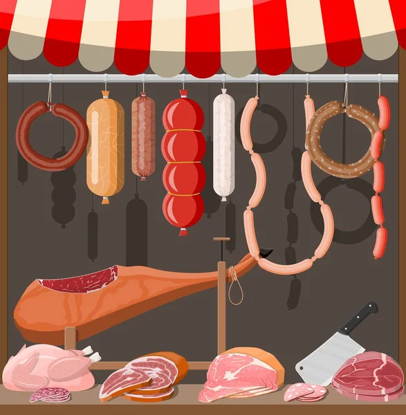 Vlees straatmarkt. Vlees opslag kraam. — Stockvector