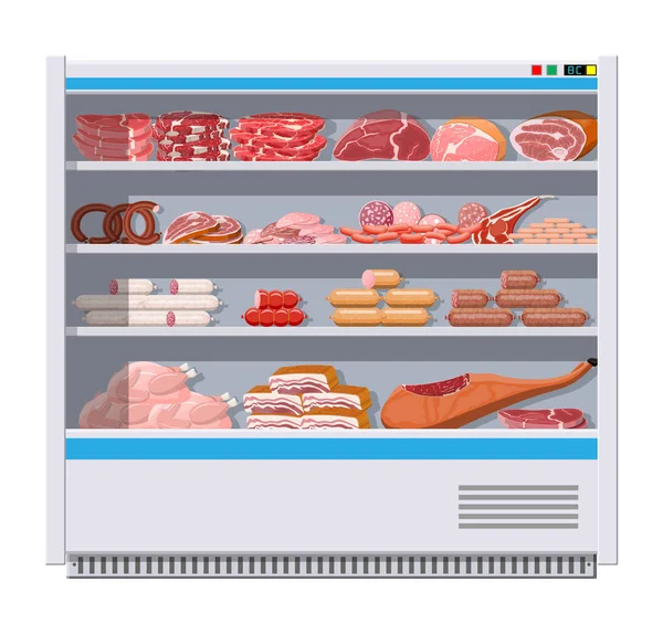 スーパーの冷蔵庫の中の肉製品. — ストックベクタ