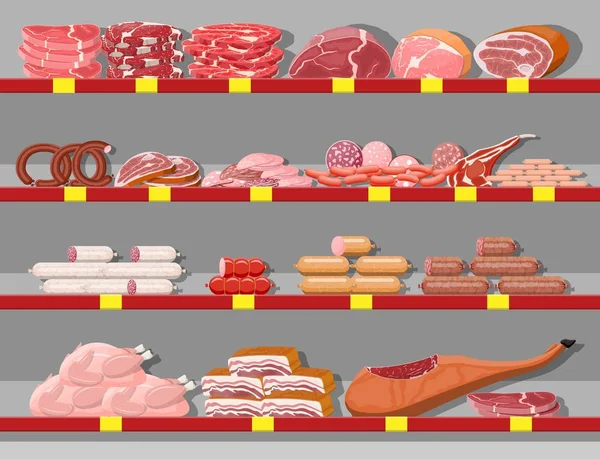 Fleischprodukte im Supermarktregal. — Stockvektor