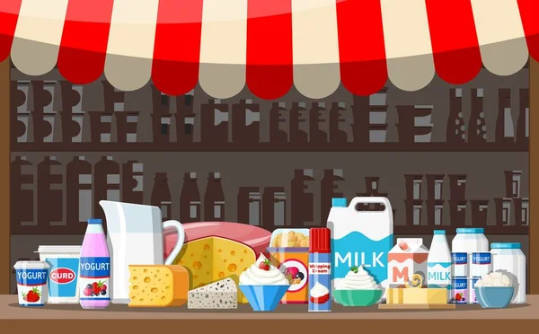 Mercatino del latte. Banco del negozio di latte . — Vettoriale Stock