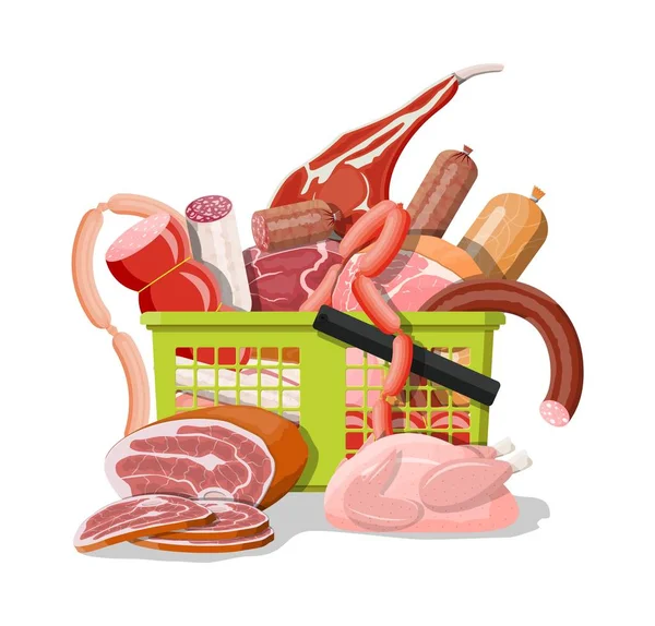 Εμπορικό καλάθι σούπερ μάρκετ γεμάτο κρέας. — Διανυσματικό Αρχείο