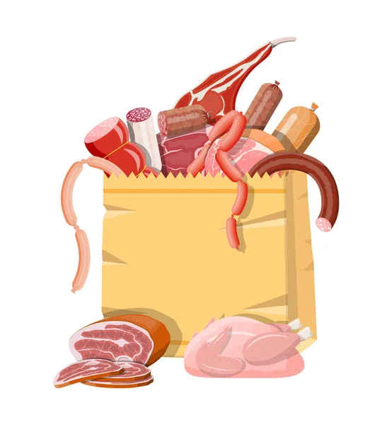 Torba na zakupy w supermarketach pełna mięsa. — Wektor stockowy