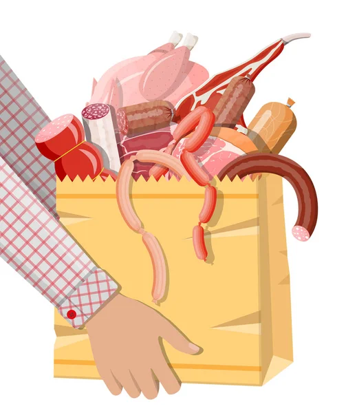 Αγορά τσάντα σούπερ μάρκετ γεμάτη κρέας. — Διανυσματικό Αρχείο