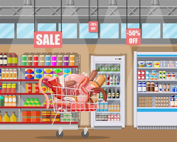 Produits de viande dans le panier du supermarché . — Image vectorielle