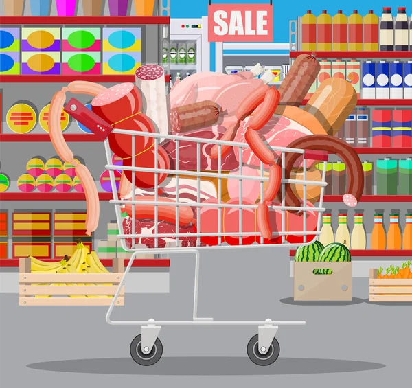 Vleesproducten in supermarkt winkelwagen. — Stockvector