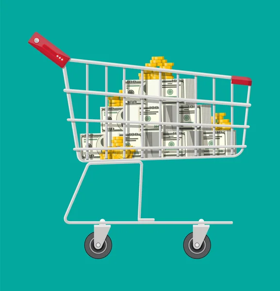 Carro de supermercado con moneda dorada y billetes — Vector de stock