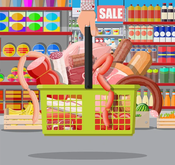 Meat products in supermarket basket. — Stock Vector