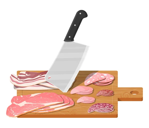 Tabla de cortar, cuchilla de carnicero y trozos de carne . — Archivo Imágenes Vectoriales