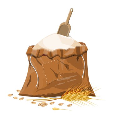 Tam un, kulak buğdayı ve kepçe ile bez çuval.