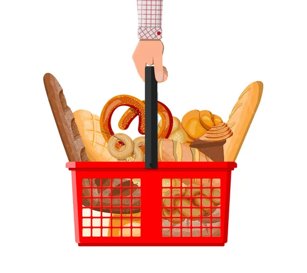 Iconos de pan y cesta de la compra en mano — Vector de stock
