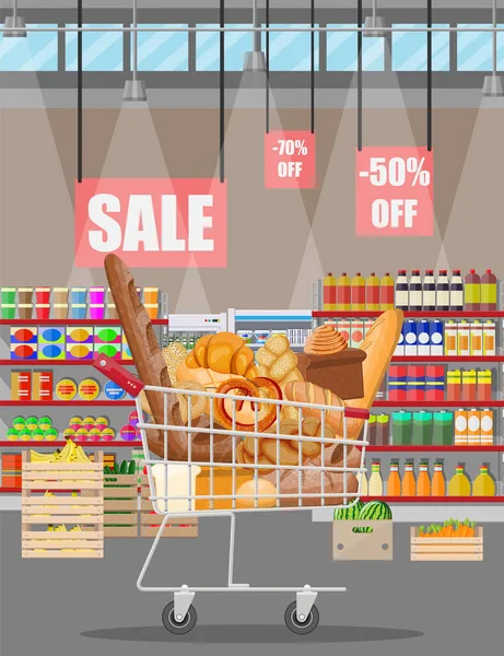 Bread products shopping cart. Supermarket interior — Stock Vector