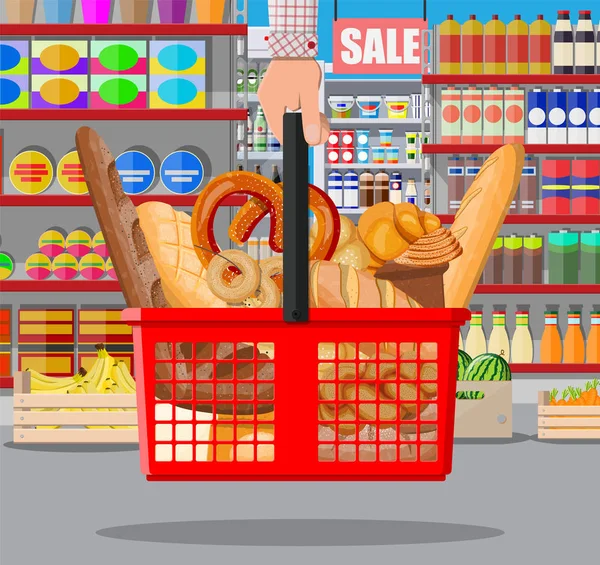 Bread products in shopping basket in hand. — Stock Vector