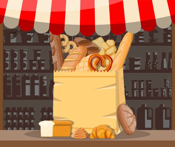 Προϊόντα ψωμιού και πάγκο αγοράς. — Διανυσματικό Αρχείο