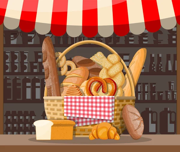 Broodproducten en marktkraam. — Stockvector