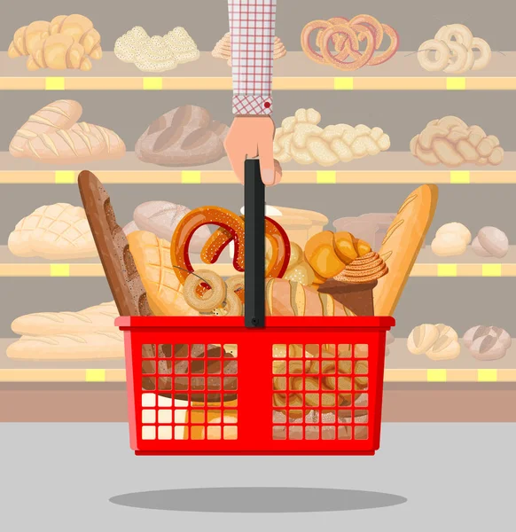 Productos de pan en cesta de la compra en mano . — Vector de stock