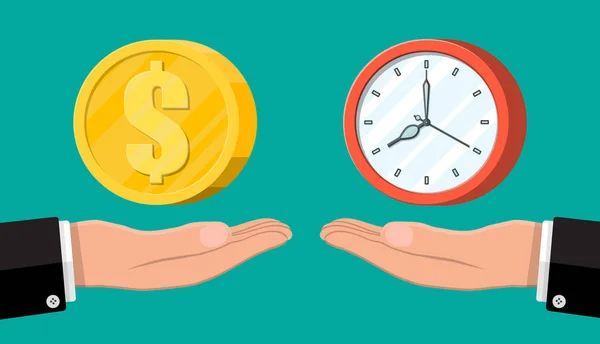 Reloj y dinero en balanzas de mano — Vector de stock