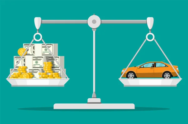Bilancia di equilibrio con denaro e auto . — Vettoriale Stock