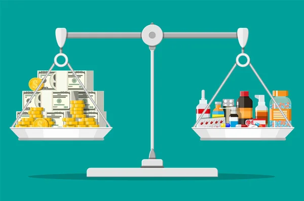 Balanças de equilíbrio com dinheiro e drogas —  Vetores de Stock